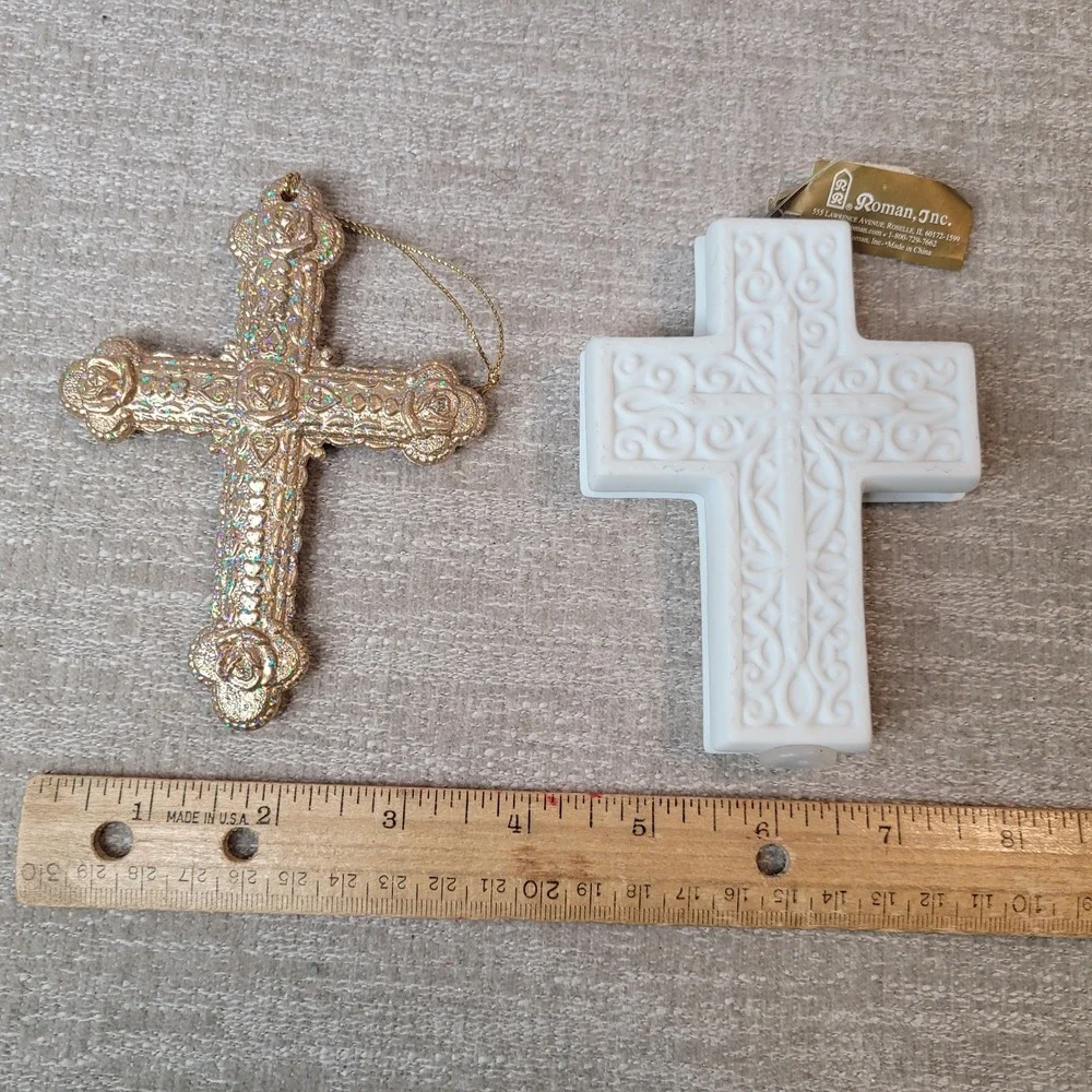 5 Ceramic Porcelain Cross Christmas Ornaments White Gold Green‎ Roman Inc